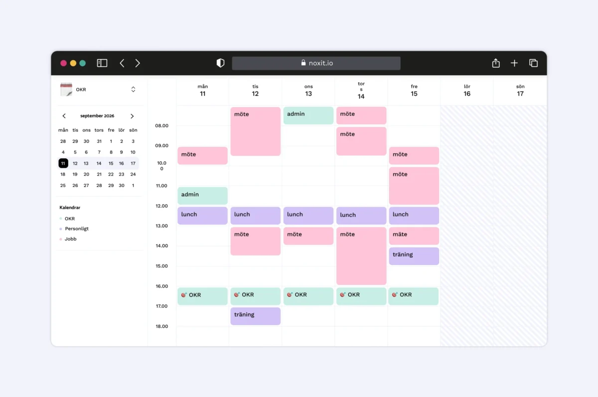 Veckokalender med dagliga OKR-incheckningar inbokade varje eftermiddag, vid sidan av möten, lunch och admin