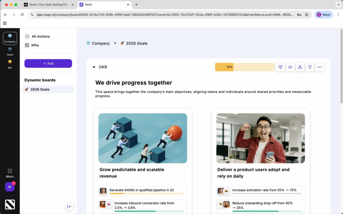Noxit onboarding dashboard with OKR goals and progress