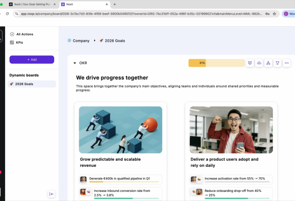 Noxit onboarding dashboard with OKR goals and progress